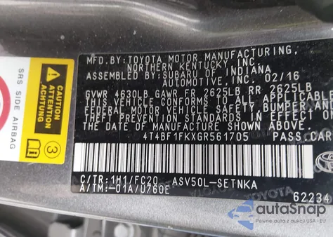 2016 Toyota Camry Le из США, поврежденный, VIN 4T4BF1FKXGR561705